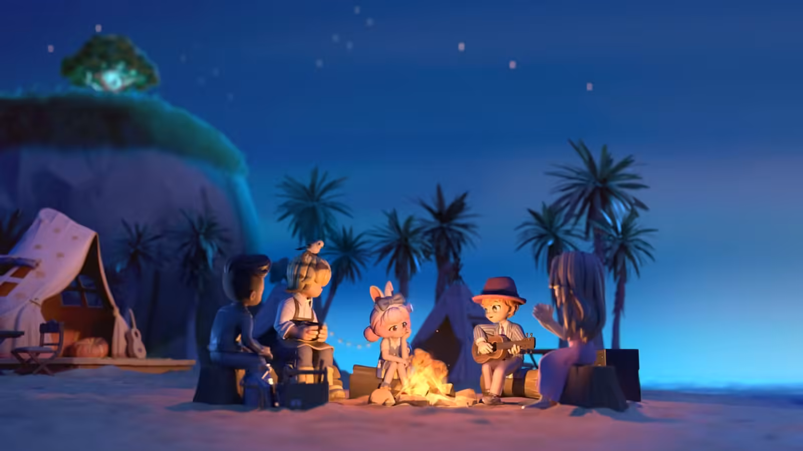 Active Heartopia game characters around a campfire